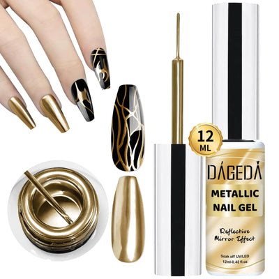 DAGEDA 12ml Metallic Nail Painting Gold Gel LinerMirror Gel Polish Build in Thin BrushChrome Gel Nail Polish High Gloss Nail PaintedMetal Drawing Liner Gel Soak Off UV/LED DIY Nail Art