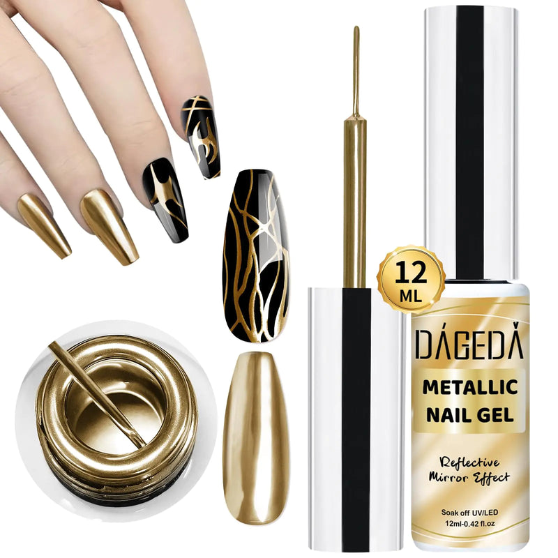 DAGEDA 12ml Metallic Nail Painting Gold Gel LinerMirror Gel Polish Build in Thin BrushChrome Gel Nail Polish High Gloss Nail PaintedMetal Drawing Liner Gel Soak Off UV/LED DIY Nail Art