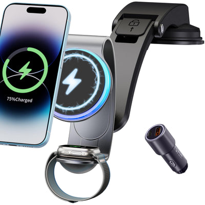 2 in 1 for MagSafe Car Mount Charger Wireless - 18W Aluminum Alloy Magnetic Car Charger with 42.5W Car Power Adapter - Dashboard Car Phone Holder Mount for Apple Watch/iPhone 15/14/13/12/Magsafe Case