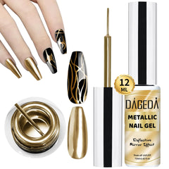 DAGEDA 12ml Metallic Nail Painting Gold Gel LinerMirror Gel Polish Build in Thin BrushChrome Gel Nail Polish High Gloss Nail PaintedMetal Drawing Liner Gel Soak Off UV/LED DIY Nail Art